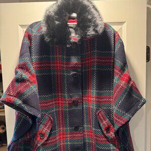 Talbots Plaid Wool Blend Cape Removable Faux Fur Collar - S/M
